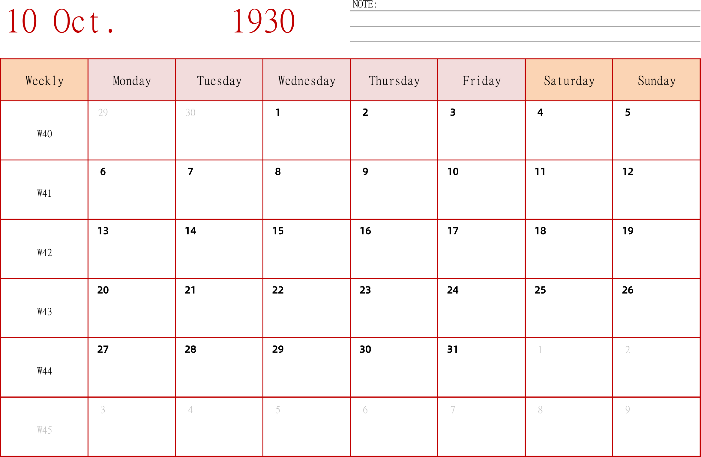 日历表1930年日历 英文版 横向排版 周一开始 带周数